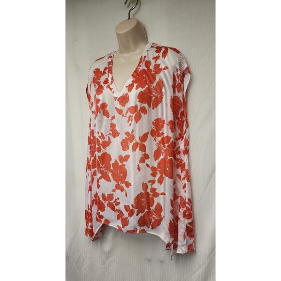 Bold Elements Floral V-Neck Blouse Hanky Hem White/Coral Size 2X - Picture 3 of 8